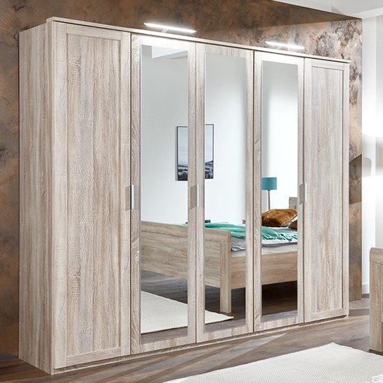 Newport Mirrored Wooden Wardrobe In Oak With 3 Mirrors