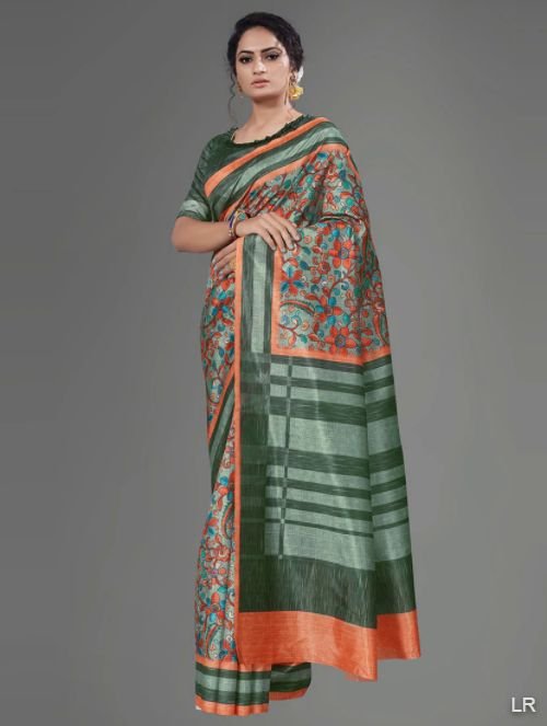 Olive. Art Silk Printed Saree With Blouse