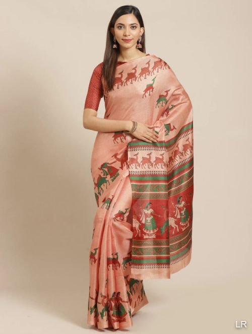 Peach Silk Printed Saree With Blouse