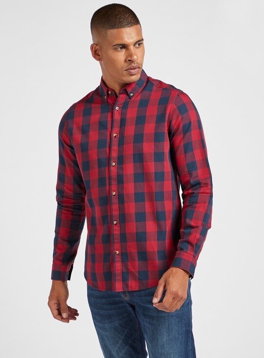 Slim Fit Checked Shirt with Button Down Collar and Long Sleeves