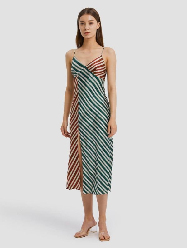 Slim Striped Long Silk Slip Dress