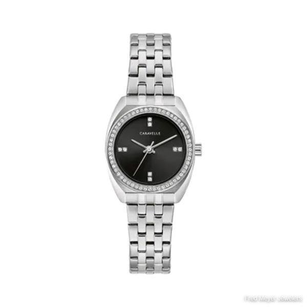 26mm Ladies’ Caravelle Crystal Watch with Black Dial and Stainless Steel Bracelet