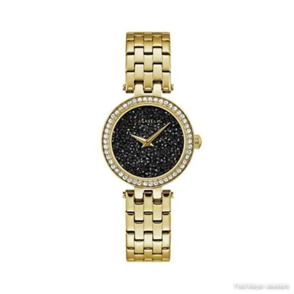 28.5mm Ladies’ Caravelle Crystal Watch with Black Crystal Pave Dial and Yellow Gold-Tone Bracelet
