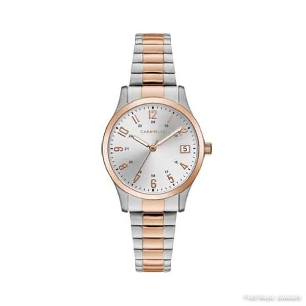 30mm Ladies' Caravelle Two-Tone Dress Watch with Silver Dial and Expansion Bracelet