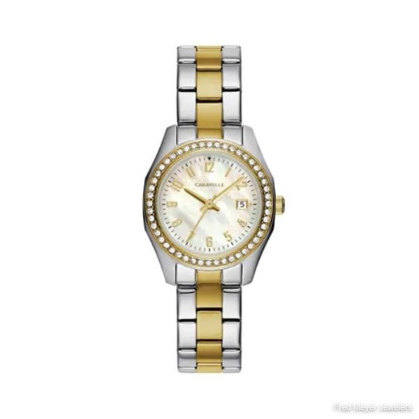 32mm Ladies’ Caravelle Crystal Watch with Pearl Dial and Two-Tone Stainless Steel Bracelet