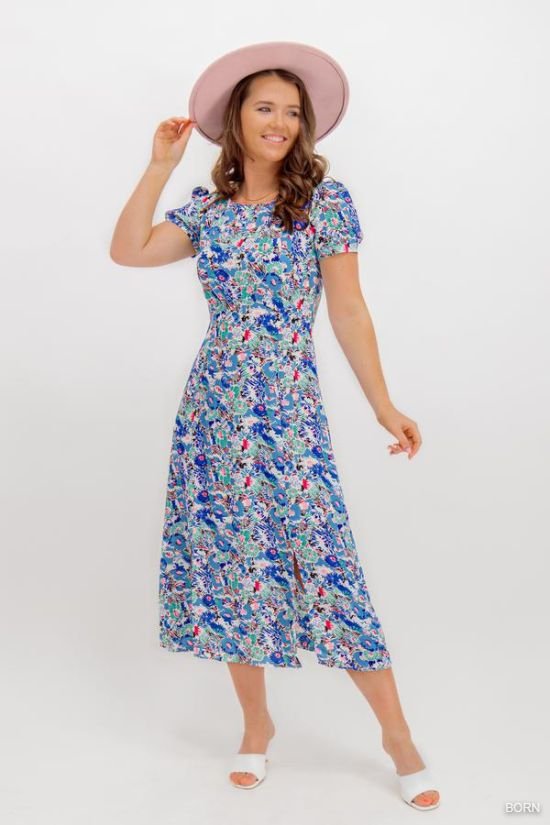 Chrissie White & Blue Floral Midi Dress