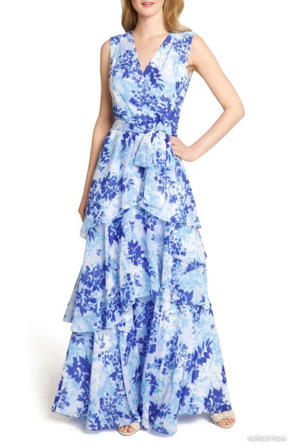 Floral Print Belted Tiered Chiffon Gown