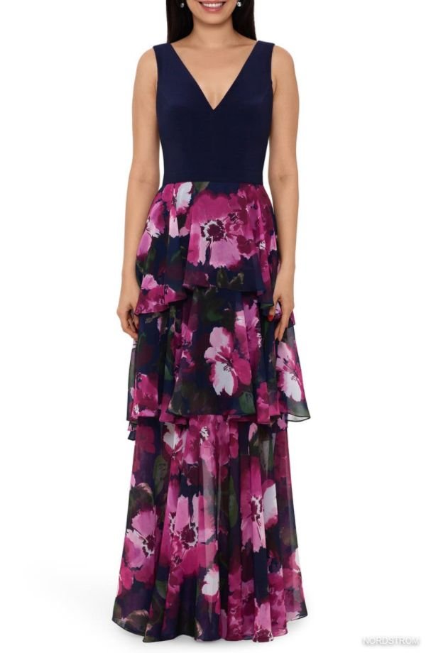Floral Tiered Chiffon Gown