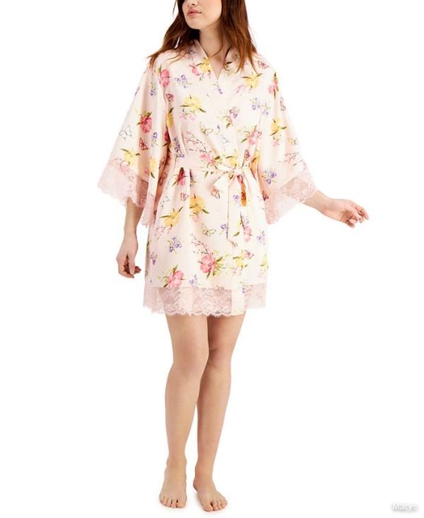 Lace-Trim Floral Wrap Robe, Created for Macy's