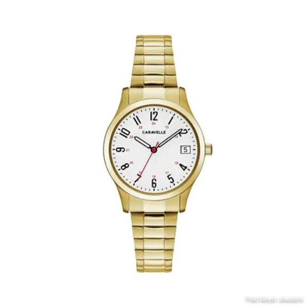 Ladies' Caravelle Watch with Date Display in Gold-Tone Stainless Steel