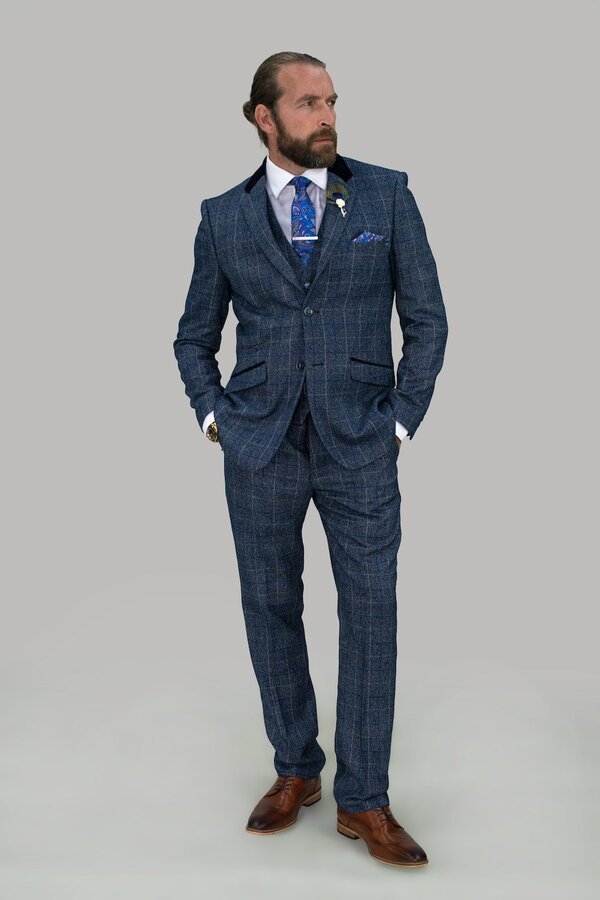 Miles Navy Blue Tweed Check Three Piece Suit