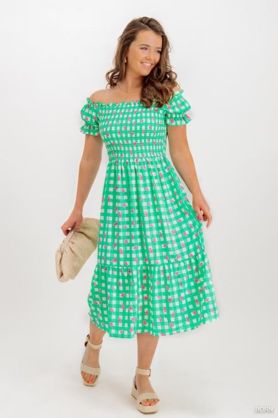 Polly Green Gingham Midi Dress