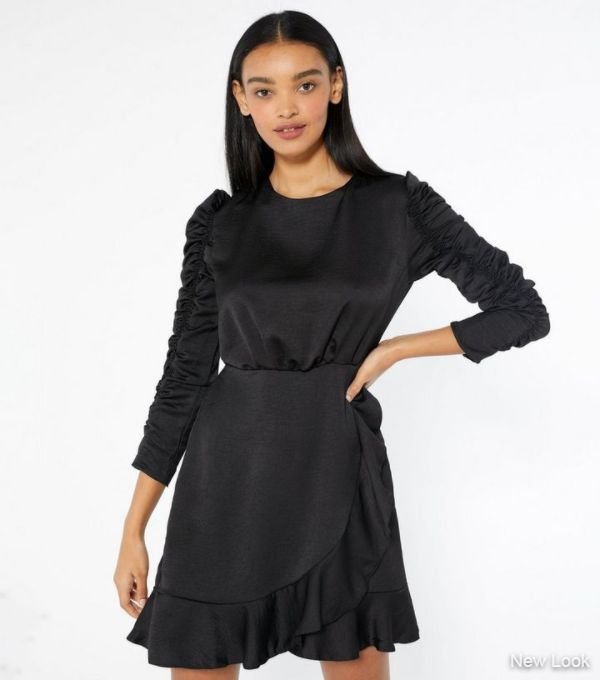 AX Paris Black Ruched Puff Sleeve Ruffle Dress