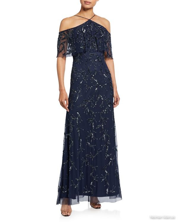 Aidan Mattox - Fully Beaded Cold-Shoulder Halter Gown
