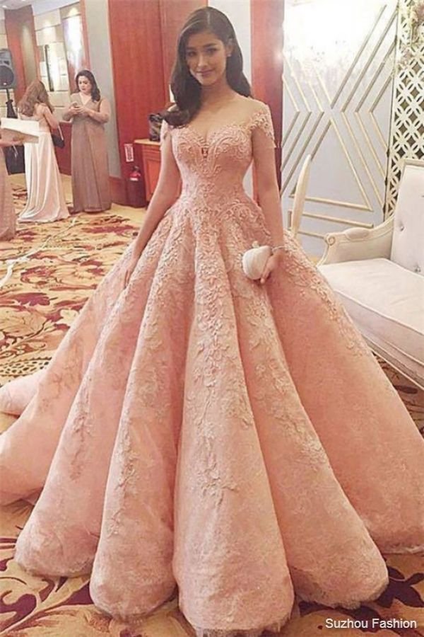 Coral Pink Lace Appliques Formal Evening Gowns | Short Sleeve Ruffles Ball Gown Wedding Reception Dresses Cheap