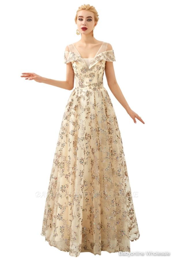 Herbert | Elegant Gold Cold shoulder Prom Dress with Delicate Multi-color Lace Appliques