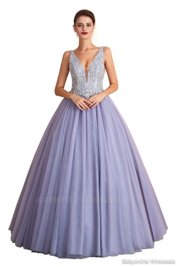 Cerelia | Elegant Princess V-neck Ball gown Lavender Prom Dress with Appliques, Deep V-neck Evening Gowns with Pleats