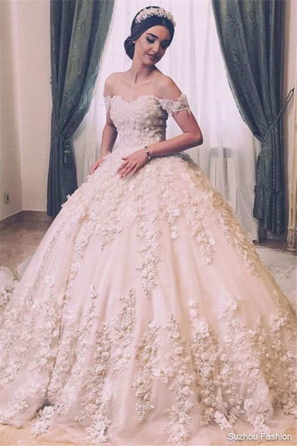Floral Appliques Ball Gown Wedding Dresses | Off-the-shoulder Elegant Bridal Dresses