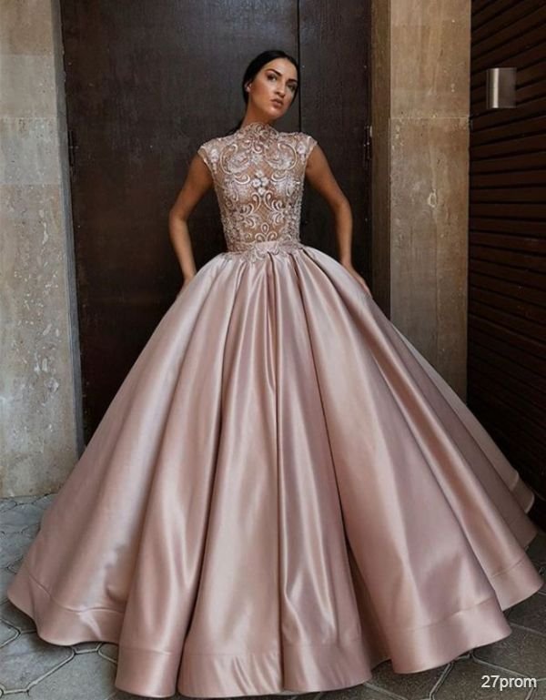 Glamorous High Neck Cap Sleeves Prom Dress | Ball Gown Lace Evening Gowns