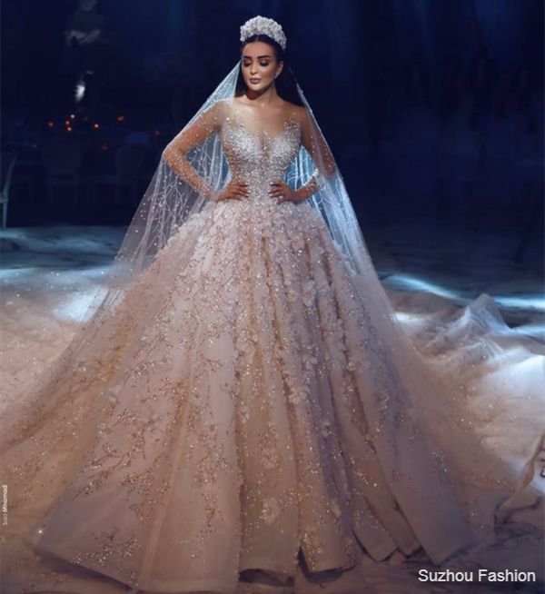 Glamorous Long Sleeves Flowers Wedding Dresses | 2020 Beadings Bridal Ball Gowns