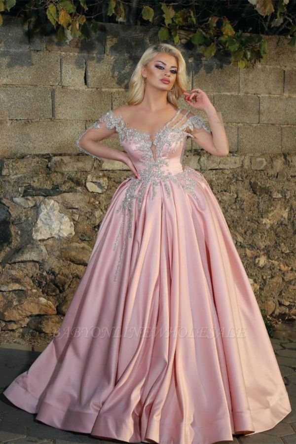 Glamorous Princess V Neck Long Sleeves Prom Dresses With Beads | Pink Ball Gowns