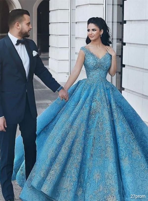 Gorgeous Blue Lace Ball Gown Evening Dress | Cap Sleeve Party Gown