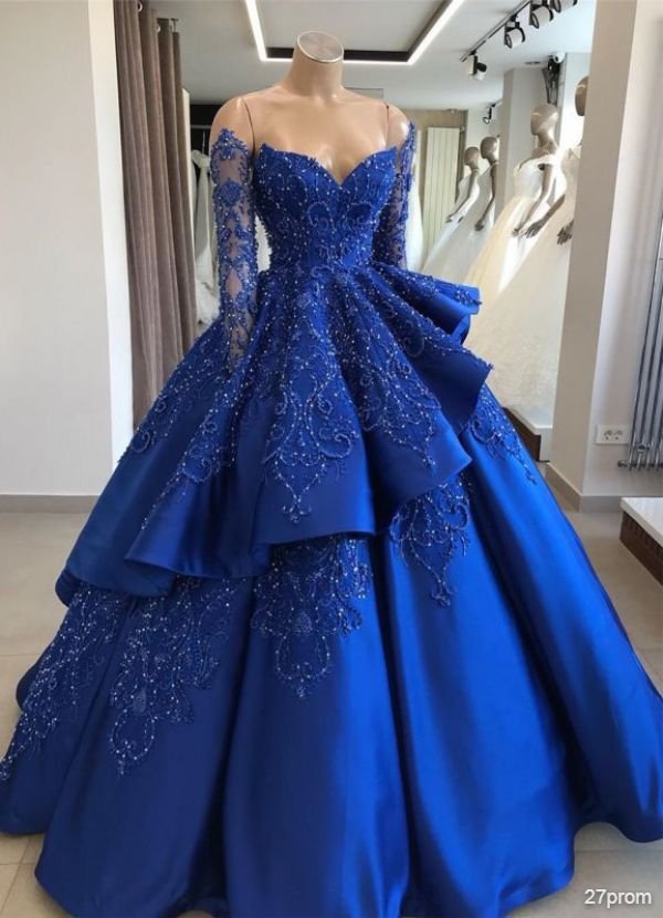 Gorgeous Royal Blue Lace Ruffled Evening Gown | 2020 Beads Prom Dress