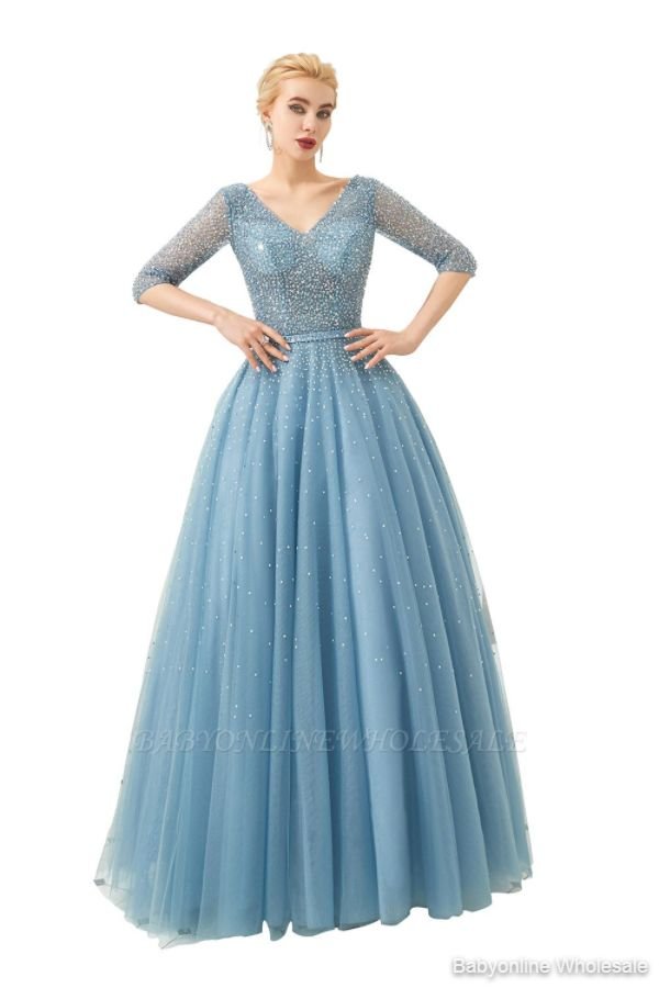 Harold | Discount V-neck Fully beaded 2/3 sleeves A-line Tulle Long Prom Dress