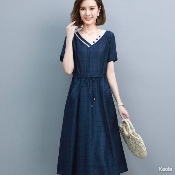 Hengyuanxiang 2021 striped dress V-neck female summer dress A-line skirt long skirt high waist skirt design niche 