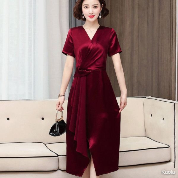 Hengyuanxiang French silk dress women's summer lady's skirt long skirt red V-neck mulberry silk high waist skirt 