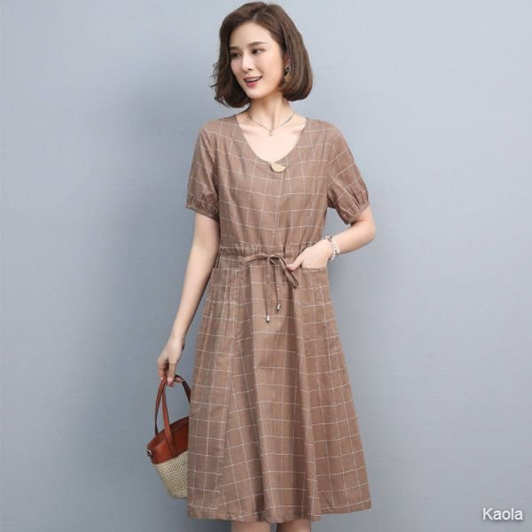 Hengyuanxiang cotton and linen dress women's summer low round neck long skirt all-match linen plaid high waist mother skirt 