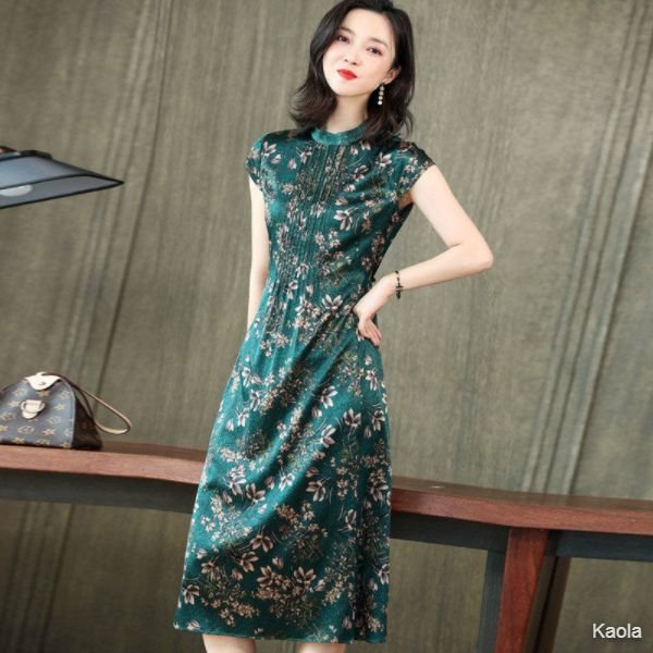 Hengyuanxiang high-end retro silk dress women's dark green summer mulberry silk long skirt high waist floral skirt