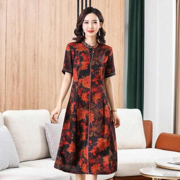 Hengyuanxiang middle-aged mother spring mulberry silk skirt middle-aged women's silk dress over the knee mid-length western style