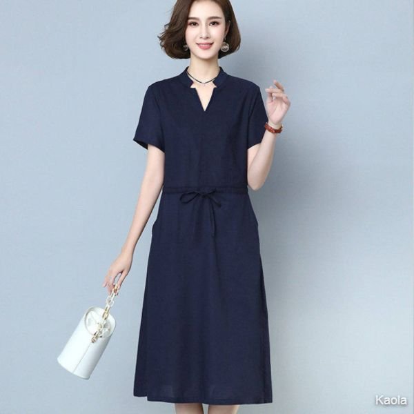 Hengyuanxiang new cotton and linen dress simple ladies summer skirt long skirt high waist skirt mother A-line skirt solid color