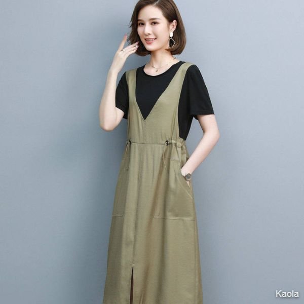 Hengyuanxiang new fake two-piece dress women's summer skirt long skirt high waist skirt strap ice silk Japanese style