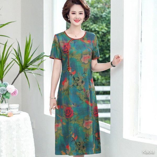 Hengyuanxiang retro chiffon dress female summer long skirt middle-aged print high waist waist skirt lady mother dress