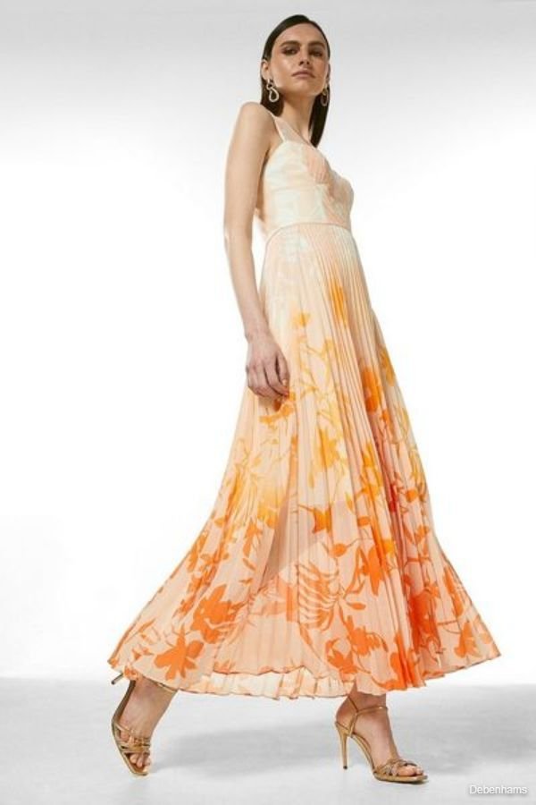 KarenMillen - Ombre Floral Pleated Deep V Maxi Dress