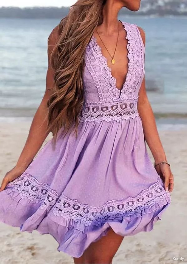 Lace Splicing Open Back Sleeveless Mini Dress - Purple