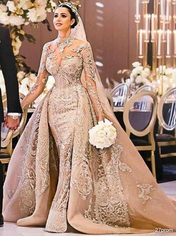 Luxury Long Sleeves Ball Gown Wedding Dresses | High Neck Over Skirt Bridal Gowns