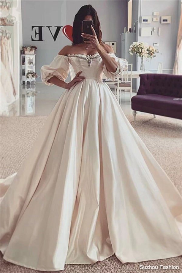 Off The Shoulder Beads Ball Gown Wedding Dresses | Short Sleeve Cheap Bridal Gowns
