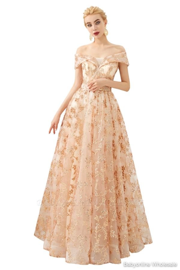 Hale | Romantic Off-the-shoudler Rose Gold Lace-up Tulle Prom Dress with Sparkly Appliques