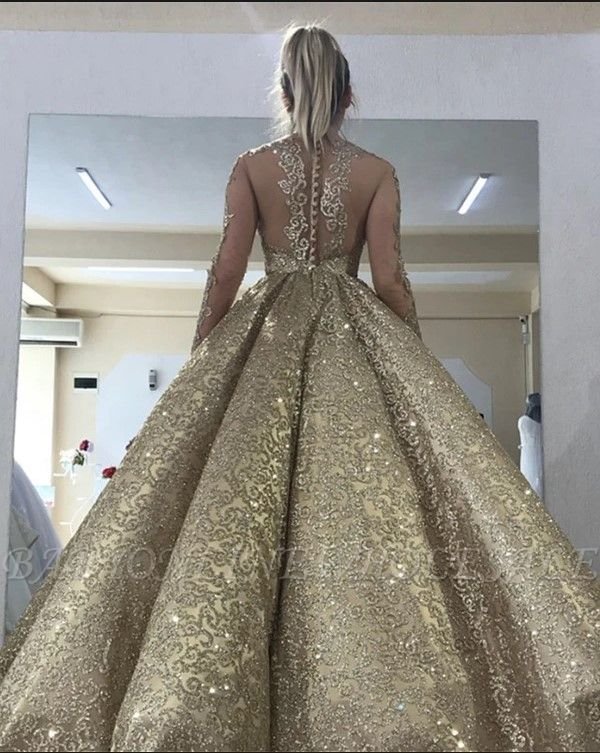 Sleeveless Straps Gold Sequin Ball Gown Long Sparkle Prom Dress