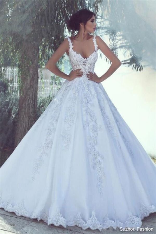 Straps Beads Appliques Ball Gown Wedding Dresses | Sexy Sleeveless Cheap Bridal Gowns 2020