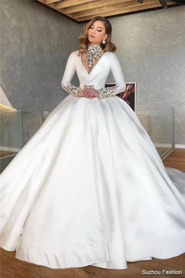 Vintage Satin Winter Wedding Dresses with Sleeves Cheap | High Neck Long Sleeve Crystals Retro Ball Gown Bridal Dresses