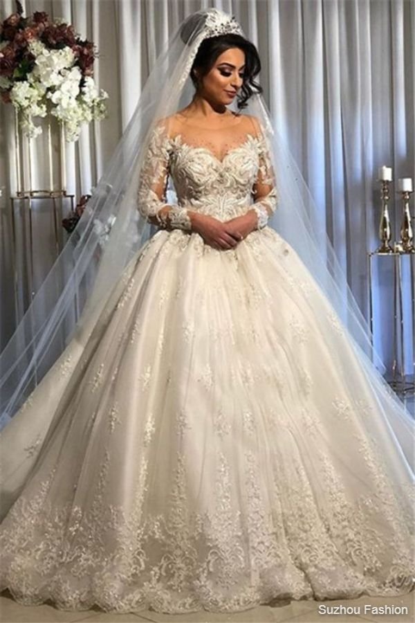 White Sheer Tulle Ball Gown Wedding Dresses | Exquisite Appliques Bridal Gowns 2020