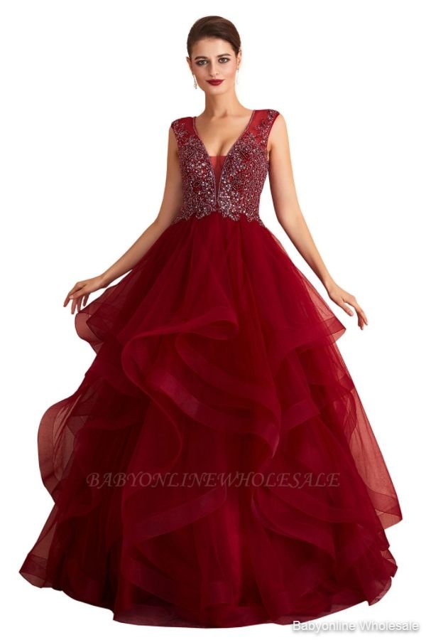 Cherise | Wine Red V-neck Sparkle Prom Dress with Muti-layers, Discount Burgundy Sleevleless Ball Gown for Online Sale