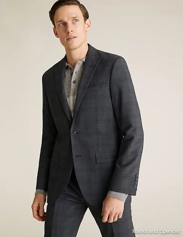 Charcoal Tailored Fit Wool Check Jacket
