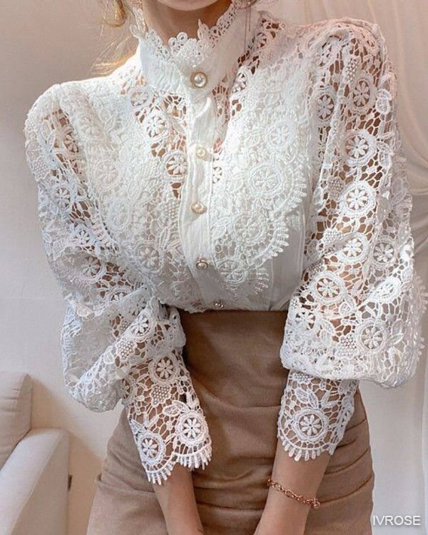 Guipure Lace Lantern Sleeve Button Design Top 2