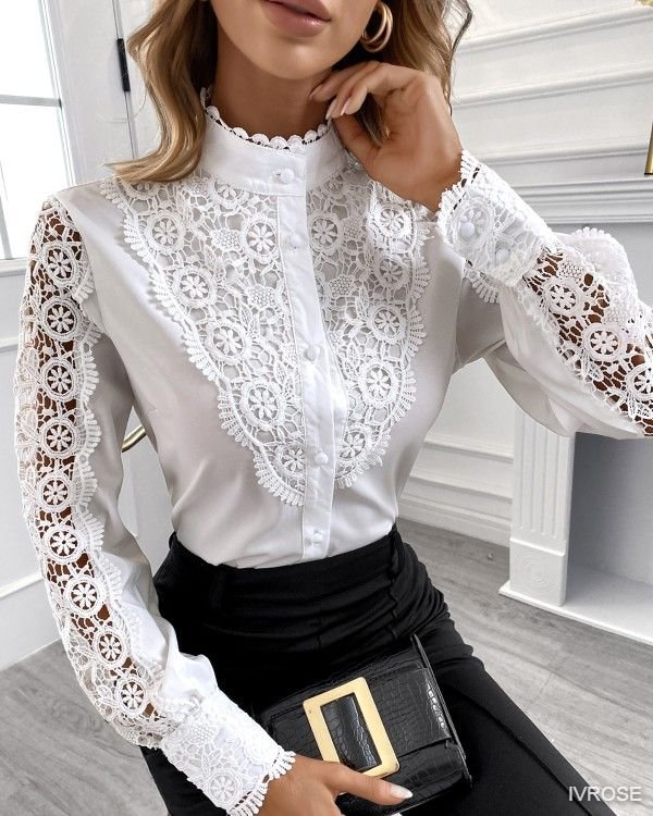 Guipure Lace Mock Neck Button Design Women Blouse