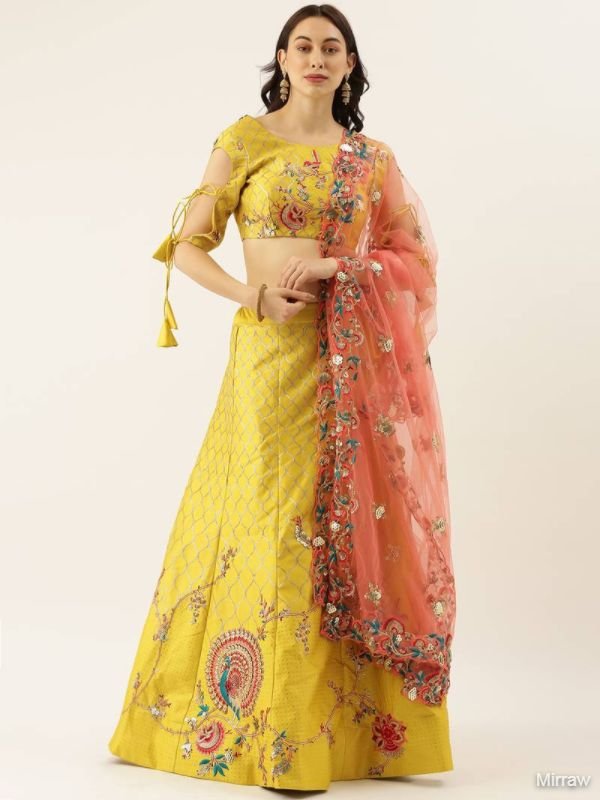 LIME GREEN COLOUR SATIN SILK A-LINE SEMI-STITCHED LEHENGA & UNSTITCHED BLOUSE WITH DUPATTA